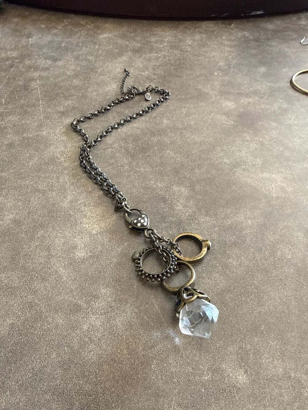 Vintage NECKLACE Silver Tone Chain Dangling Keys Clear Quartz Stone UNIQUE